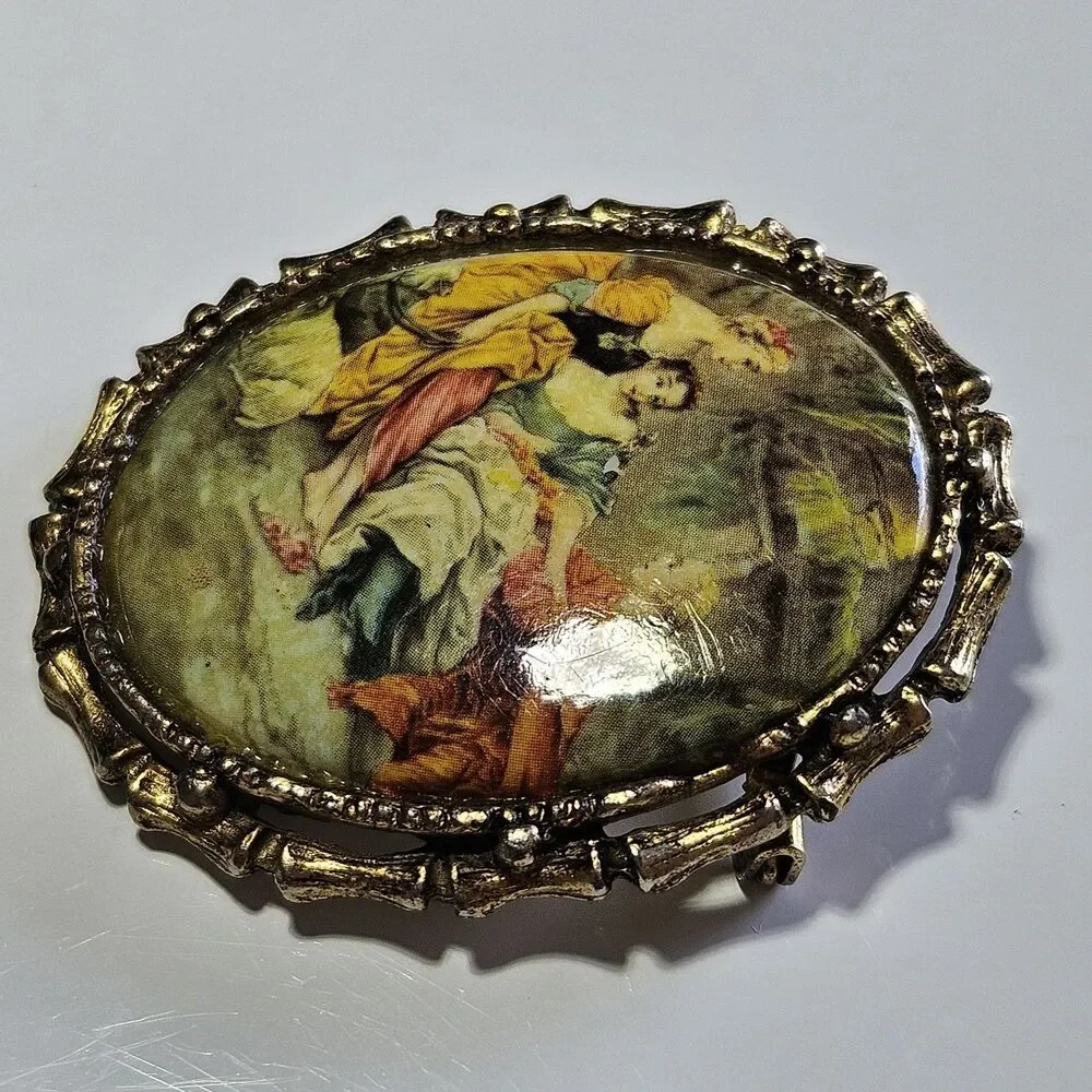 Vintage Gold Tone Porcelain Serenade Cameo Brooch